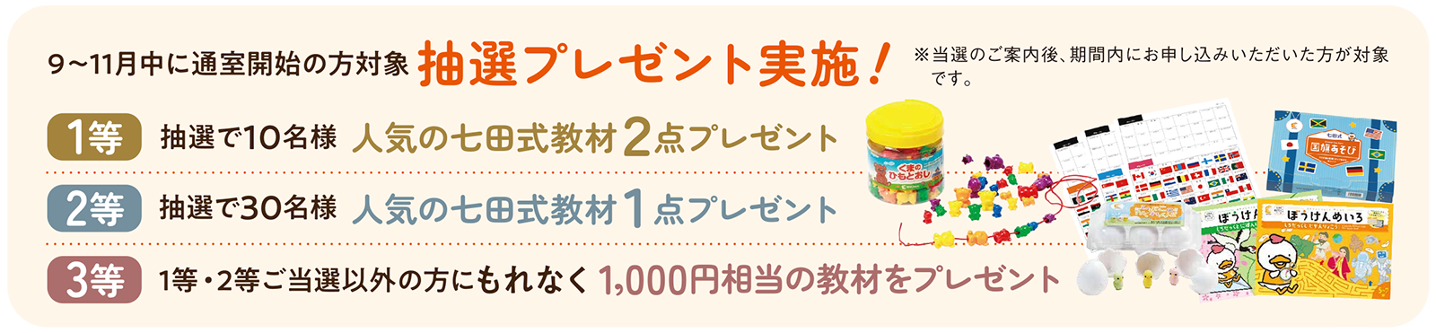 9～11月に通室開始の方対象抽選プレゼント実施！※当選のご案内後、期間内にお申し込みいただいた方が対象です。1等抽選で10名様人気の七田式教材2点プレゼント2等抽選で30名様人気の七田式教材1点プレゼント3等1等・2等ご当選以外の方にもれなく1,000円相当の教材をプレゼント